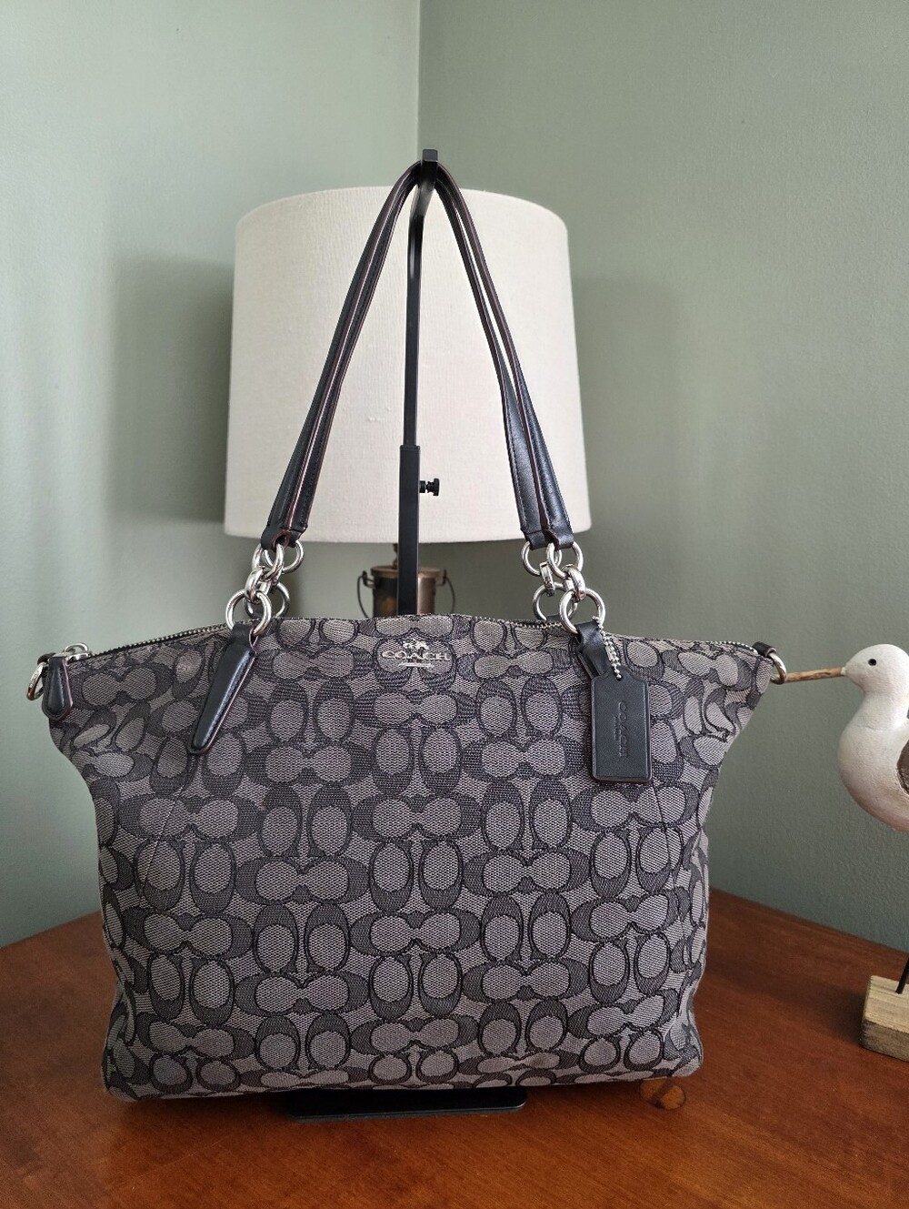 Coach F36722 Kelsey Satchel Black Smoke Signature Jacquard Leather Bag